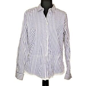 Elliott Lauren Womens 12 White Blue Striped Long Sleeve Button Shirt Blouse  T23